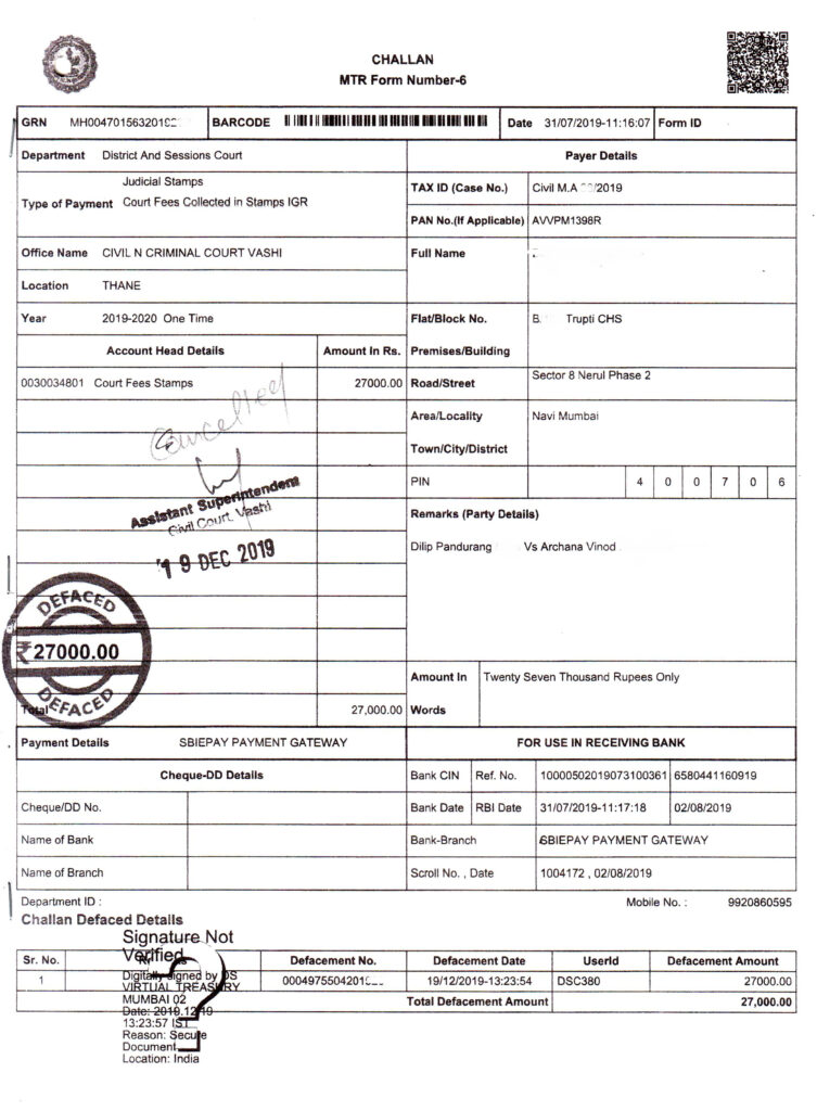 Court fee paid via online payment at GRAS